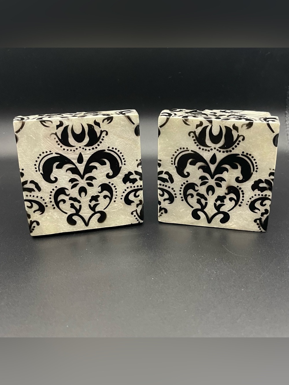 New Set of 2 Capiz Shell Trinket Boxes 2 3/4 “ L x W Black/ White Damask Decor